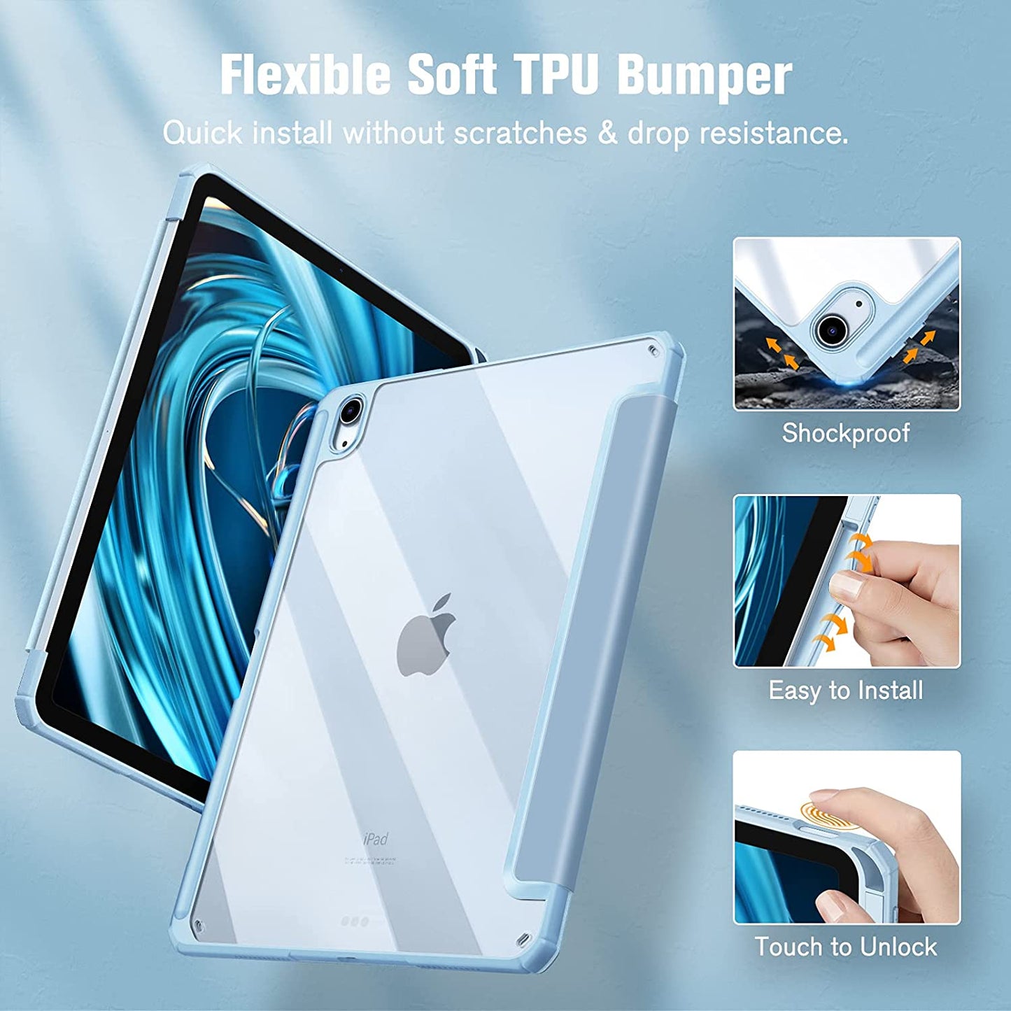 Hybrid Slim Case for Ipad Air 11-Inch M3 (2025) / M2 (2024), Ipad Air 5Th (2022) / 4Th Generation (2020) 10.9 Inch - Shockproof Cover with Clear Back Shell & Pencil Holder, Sky Blue