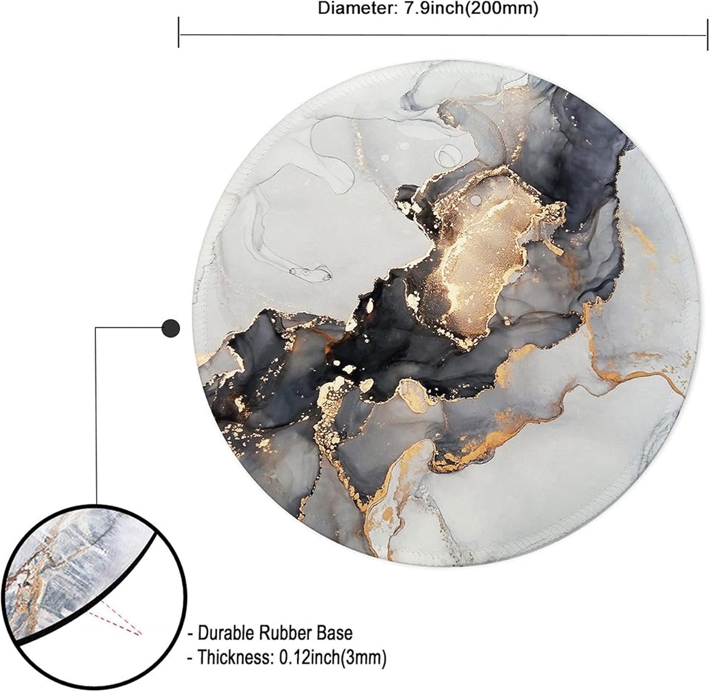 Round Mouse Pad,Gaming Mouse Pad,Non-Slip Rubber Base Mouse Mat with Stitched Edge 7.9 X 7.9 Inch for Laptop Computer (Marble Wondrous Golden Black)