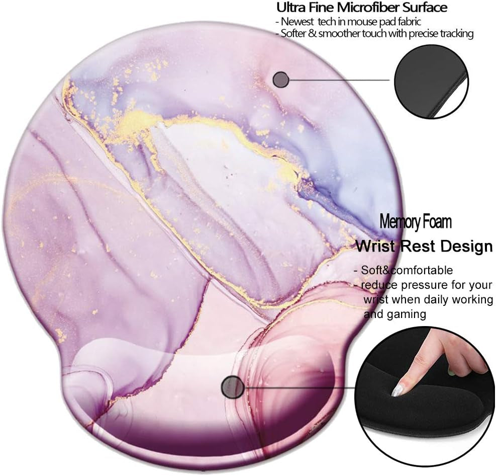 Memory Foam Wrist Support Mouse Pad Comfortable Padded Wrist Mousepads 9In X10In Desktop Notebook Mouse Mat (Marble Pretty Pink-Foam)