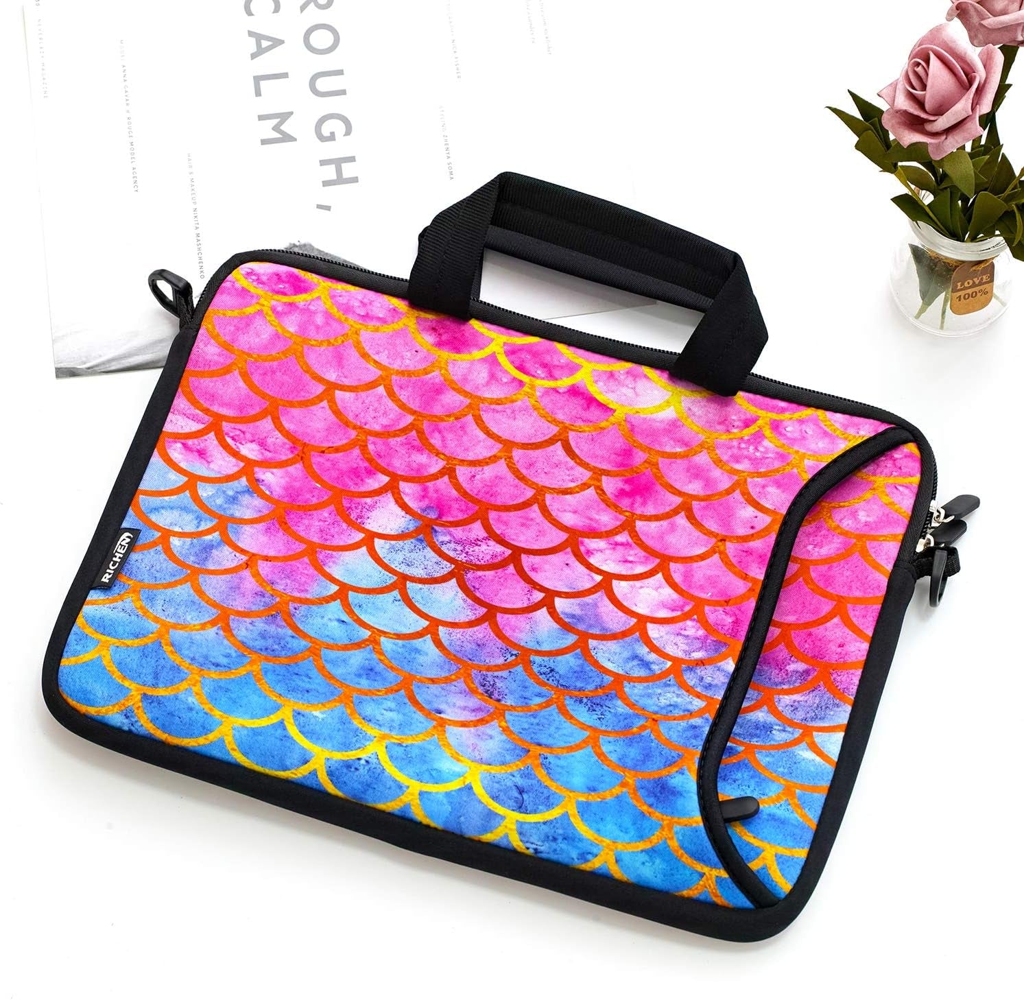 14 15 15.4 15.6 Inch Laptop Shoulder Bag Notebook Handle Sleeve Neoprene Soft Carrying Travel Case with Accessories Pocket (14-15.6 Inch, Mermaid Scale)