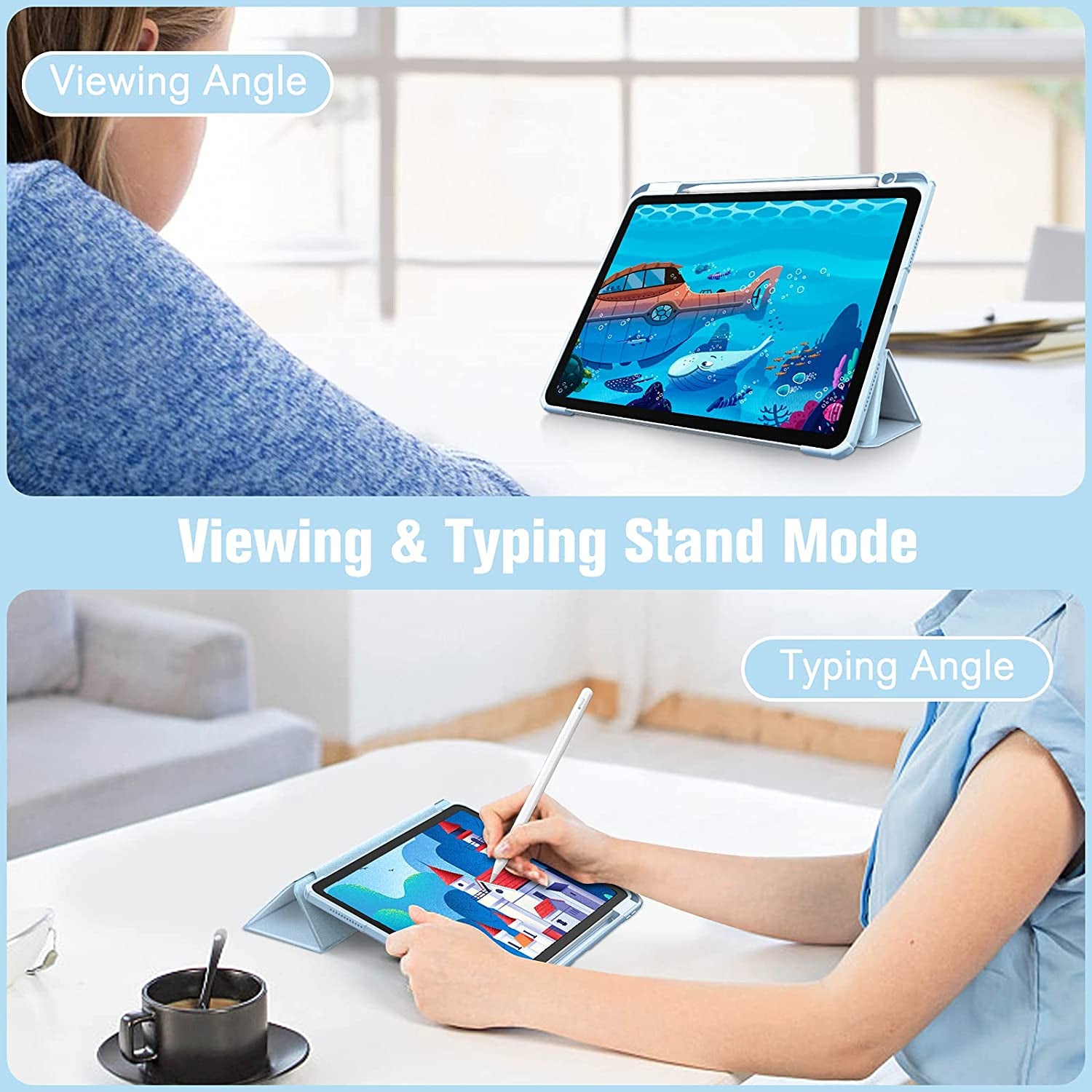 Hybrid Slim Case for Ipad Air 11-Inch M3 (2025) / M2 (2024), Ipad Air 5Th (2022) / 4Th Generation (2020) 10.9 Inch - Shockproof Cover with Clear Back Shell & Pencil Holder, Sky Blue