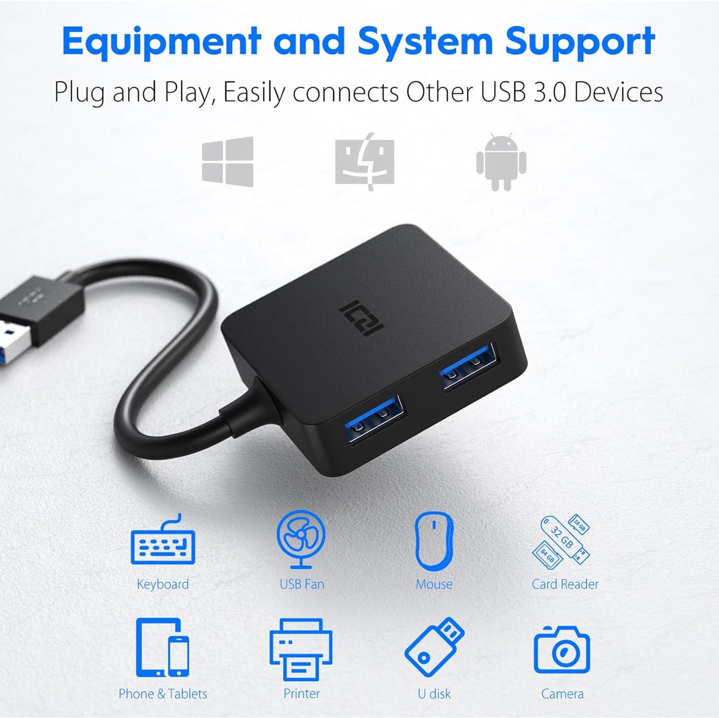 USB 3.0 Hub, 4-Port Date USB Splitter Adapter for Macbook, Mac Pro/Mini, Imac, Surface Pro, XPS, Laptop, Flash Drives, Mobile HDD