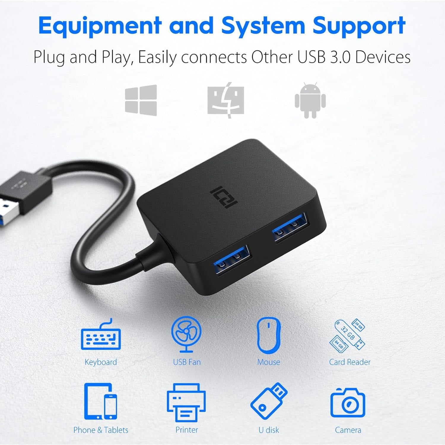 USB 3.0 Hub, 4-Port Date USB Splitter Adapter for Macbook, Mac Pro/Mini, Imac, Surface Pro, XPS, Laptop, Flash Drives, Mobile HDD