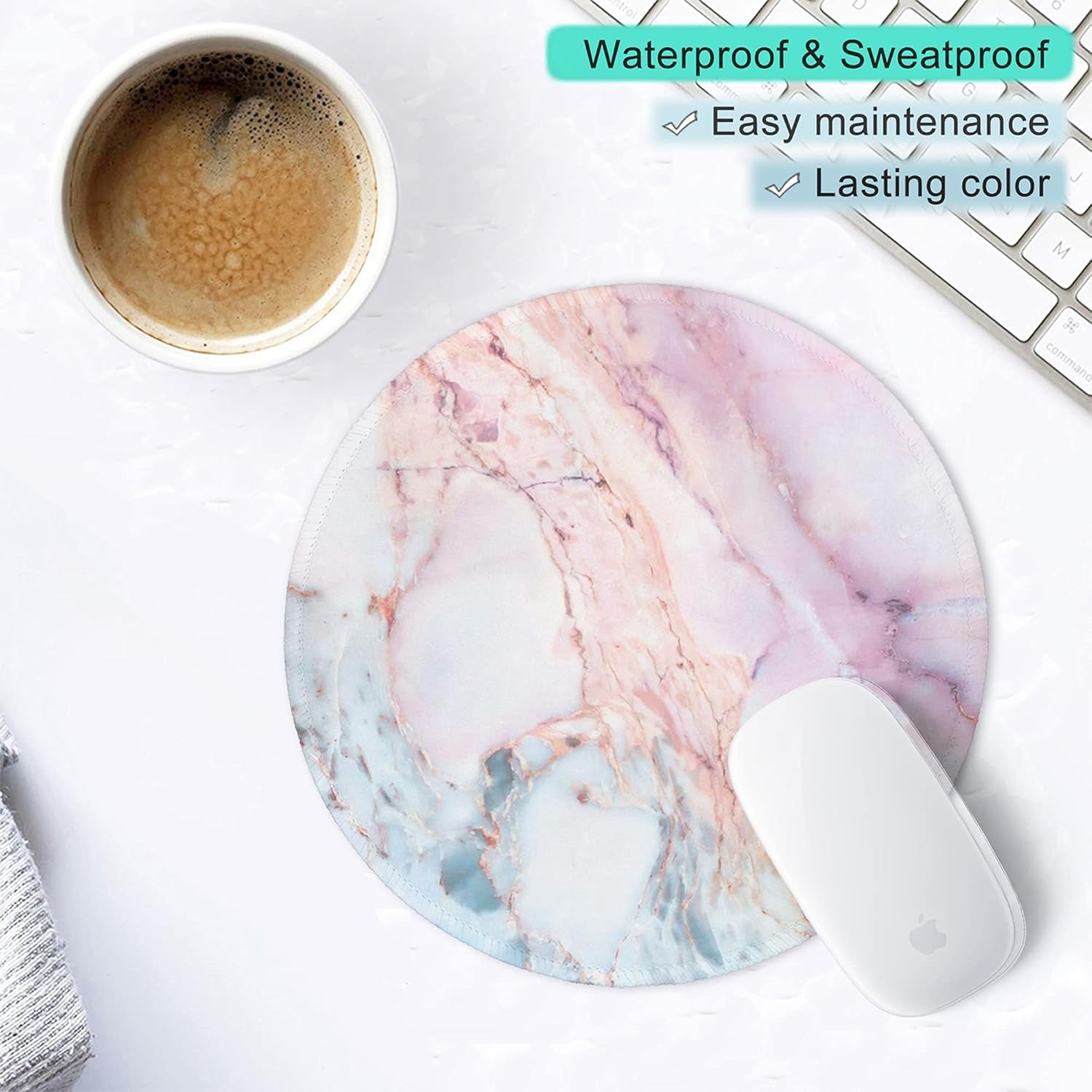 Marble round Mouse Pad Pink Marble Customized Premium-Textured Washable Desktop Protection Mouse Mat with Non-Slip Rubber Base 7.87×7.87×0.12 Inches, Pink Marble