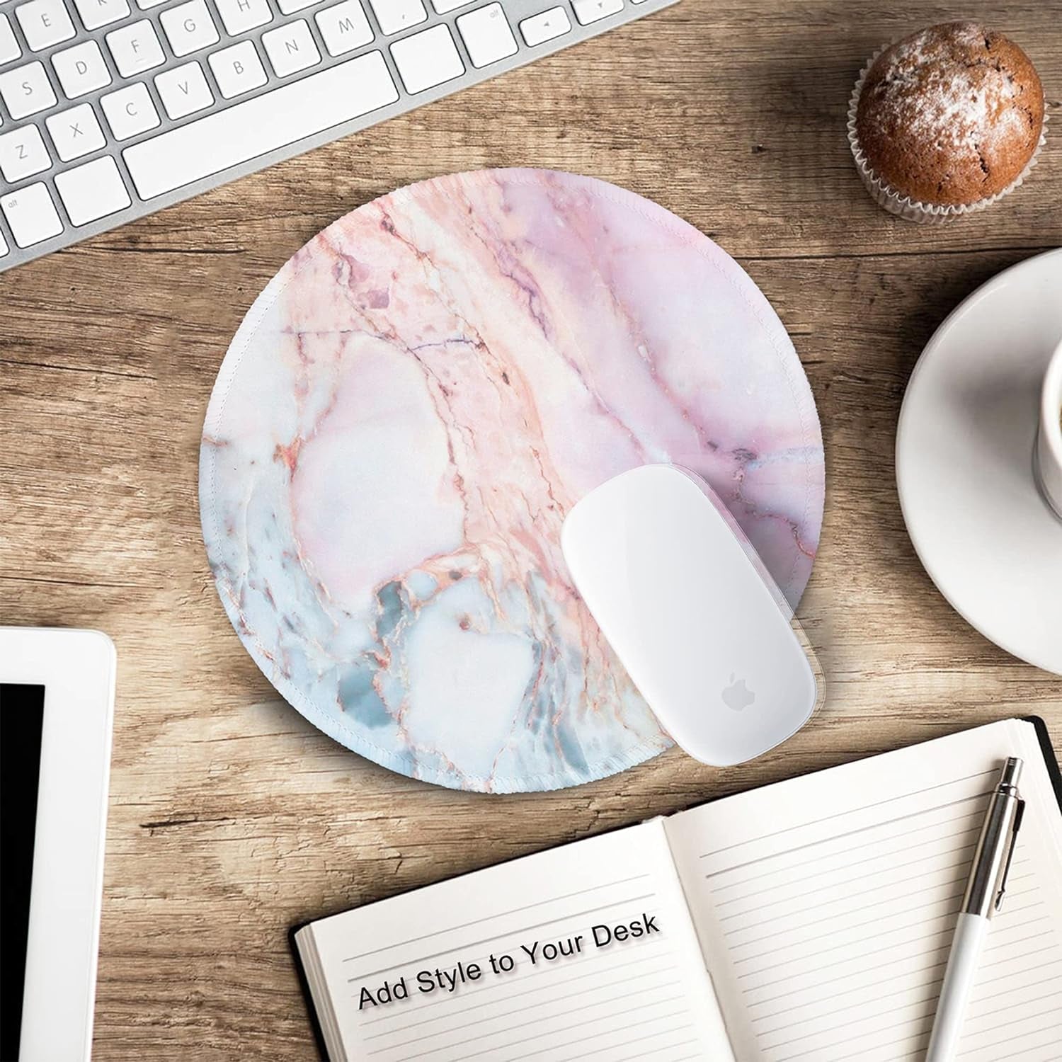 Marble round Mouse Pad Pink Marble Customized Premium-Textured Washable Desktop Protection Mouse Mat with Non-Slip Rubber Base 7.87×7.87×0.12 Inches, Pink Marble