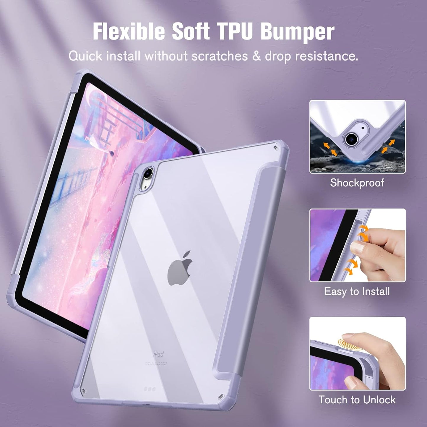 Hybrid Slim Case for Ipad Air 11-Inch M3 (2025) / M2 (2024), Ipad Air 5Th (2022) / 4Th Generation (2020) 10.9 Inch - Shockproof Cover with Clear Back Shell & Pencil Holder, Lilac Purple