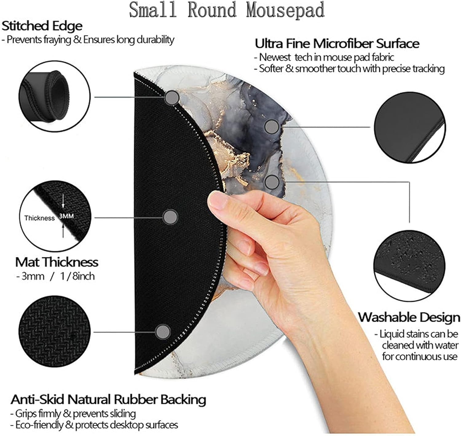 Round Mouse Pad,Gaming Mouse Pad,Non-Slip Rubber Base Mouse Mat with Stitched Edge 7.9 X 7.9 Inch for Laptop Computer (Marble Wondrous Golden Black)