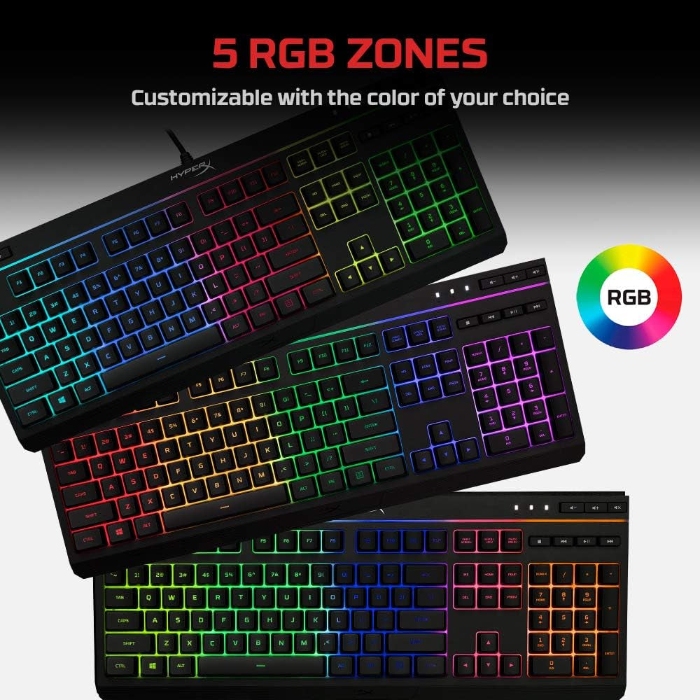 Alloy Core RGB – Membrane Gaming Keyboard, Comfortable Quiet Silent Keys with RGB LED Lighting Effects, Spill Resistant, Dedicated Media Keys, Compatible with Windows 10/8.1/8/7 – Black