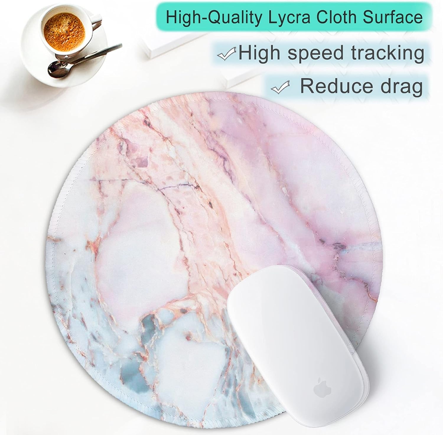 Marble round Mouse Pad Pink Marble Customized Premium-Textured Washable Desktop Protection Mouse Mat with Non-Slip Rubber Base 7.87×7.87×0.12 Inches, Pink Marble