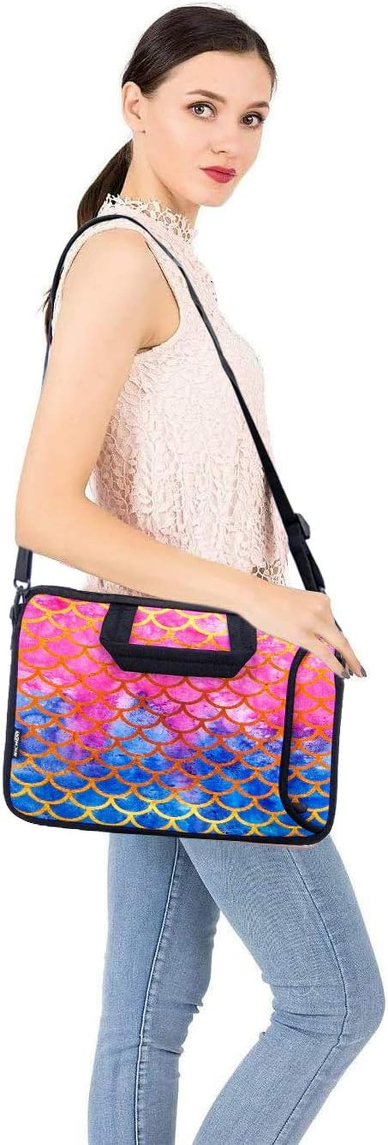 14 15 15.4 15.6 Inch Laptop Shoulder Bag Notebook Handle Sleeve Neoprene Soft Carrying Travel Case with Accessories Pocket (14-15.6 Inch, Mermaid Scale)