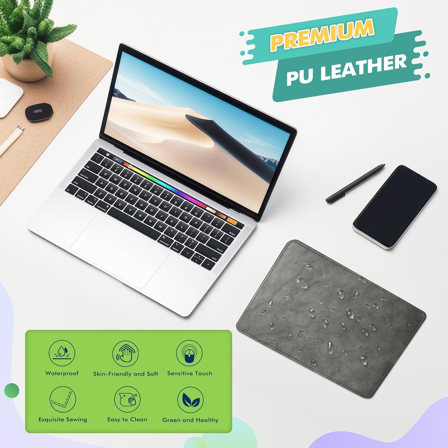 PU Leather Mouse Pad with Stitched Edge Micro-Fiber Base and Non-Slip Waterproof - 8X11Inch (Gray) for Computers and Laptops