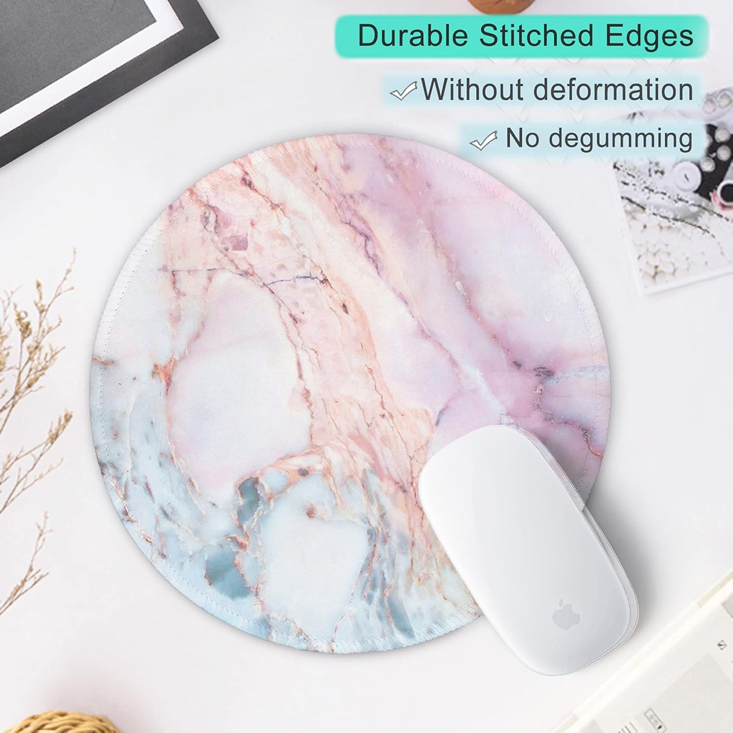 Marble round Mouse Pad Pink Marble Customized Premium-Textured Washable Desktop Protection Mouse Mat with Non-Slip Rubber Base 7.87×7.87×0.12 Inches, Pink Marble