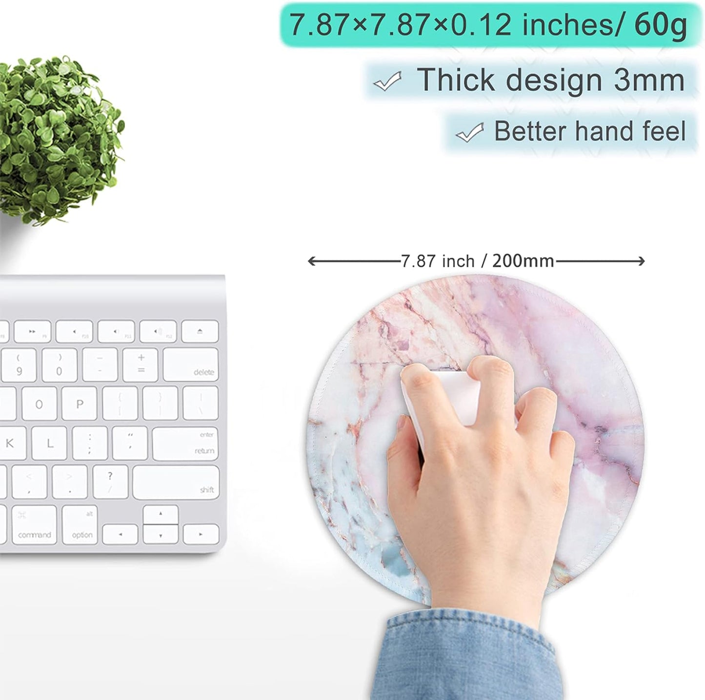 Marble round Mouse Pad Pink Marble Customized Premium-Textured Washable Desktop Protection Mouse Mat with Non-Slip Rubber Base 7.87×7.87×0.12 Inches, Pink Marble